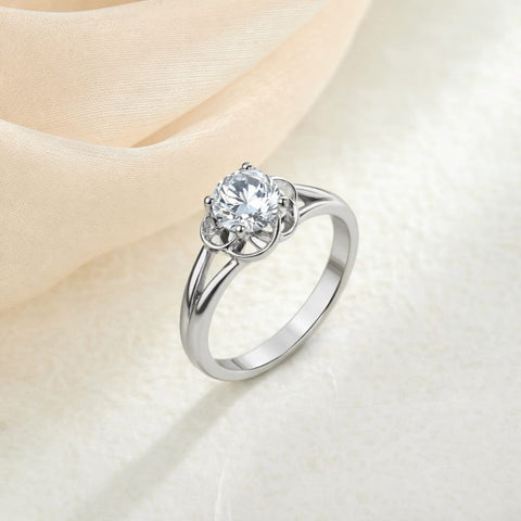 Floral Solitaire 925 Sterling Silver Ring with Moissanite as Diamond Alternative